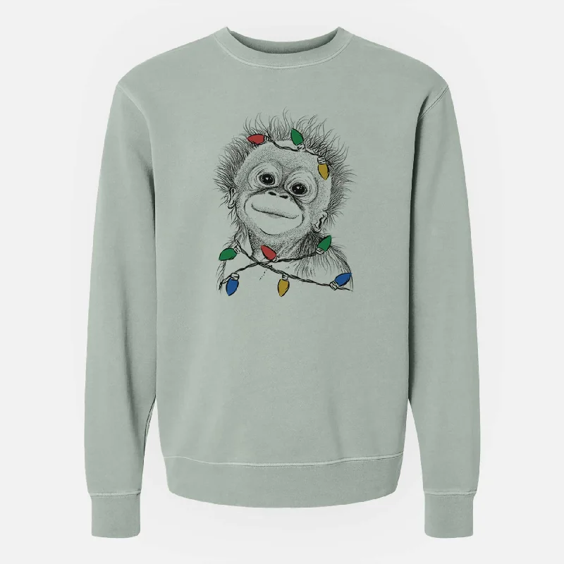 Christmas Lights Louie the Baby Orangutan - Unisex Pigment Dyed Crew Sweatshirt Hoodie with Neon Bright Vibrant