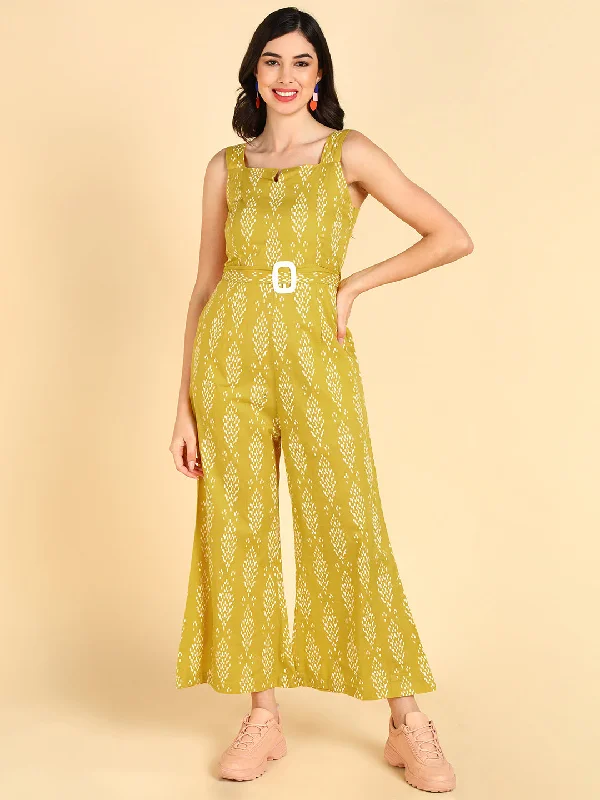 Women's Yellow Cotton Printed Jumpsuit - Ahika Print jumpsuit, Bold design, Fun, Casual wear