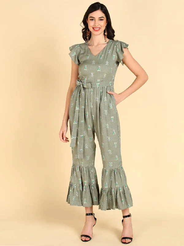 Women's Taupe Cotton Printed Jumpsuit - Ahika Bohemian print jumpsuit, Relaxed, Comfortable, Trendy