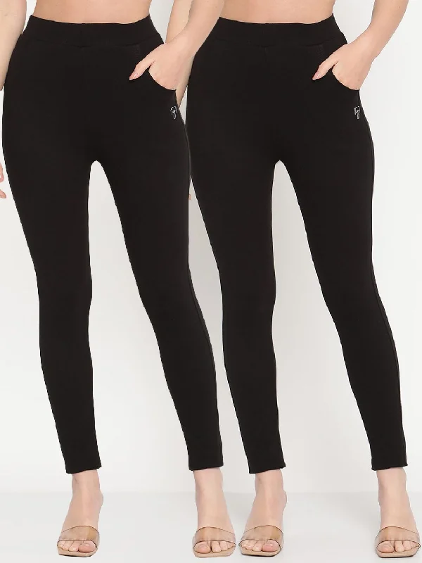 TAG 7 Set Of 2 Black Solid Leggings Comfortable Athletic Tights