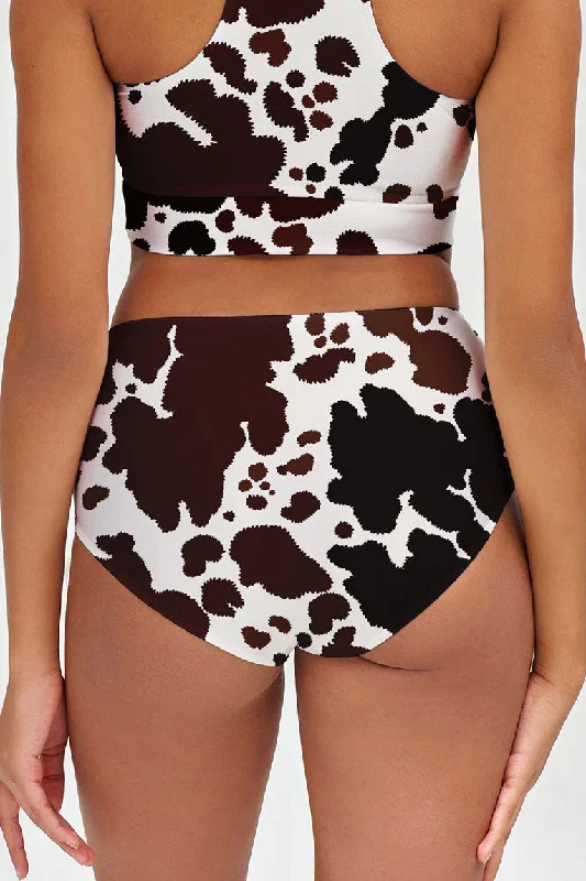 Cowgirl Cara White Brown Cow High-Waist Hipster Bikini Bottom - Women Off-shoulder bikini, Sexy, Stylish, Comfortable