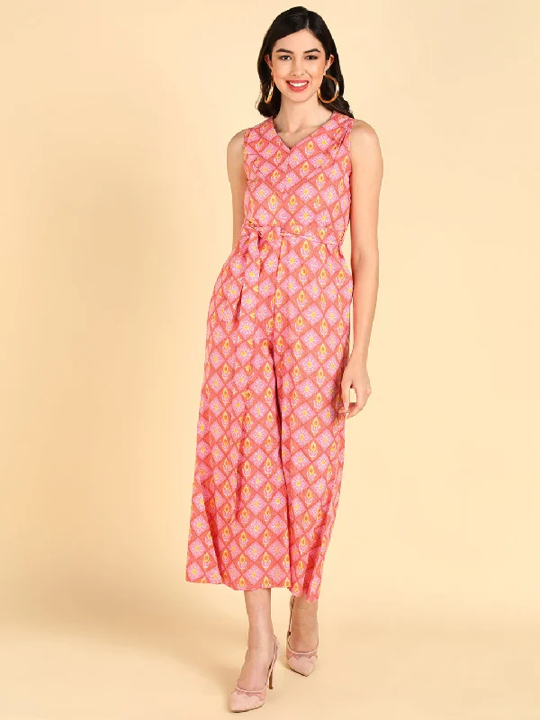 Women's Peach Cotton Printed Jumpsuit - Ahika Printed floral jumpsuit, Feminine, Summer style, Relaxed