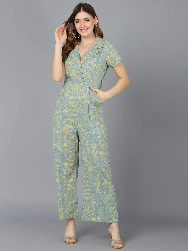 Women's Green Cotton Printed Jumpsuit - Ahika Street style jumpsuit, Trendy, Casual, Comfortable