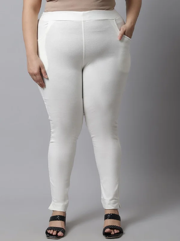 TAG 7 Women Plus Size Off White Solid Ankle Length Leggings Stylish Stretch Pants Leggings