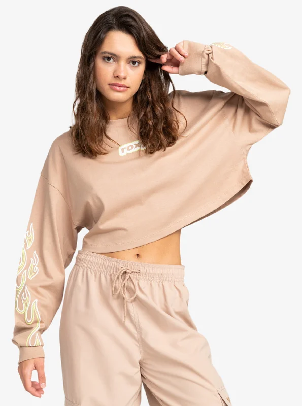 Active Collection Cropped Oversized Long Sleeve T-Shirt - Warm Taupe-- Ribbed T-Shirt High Neck Heavyweight