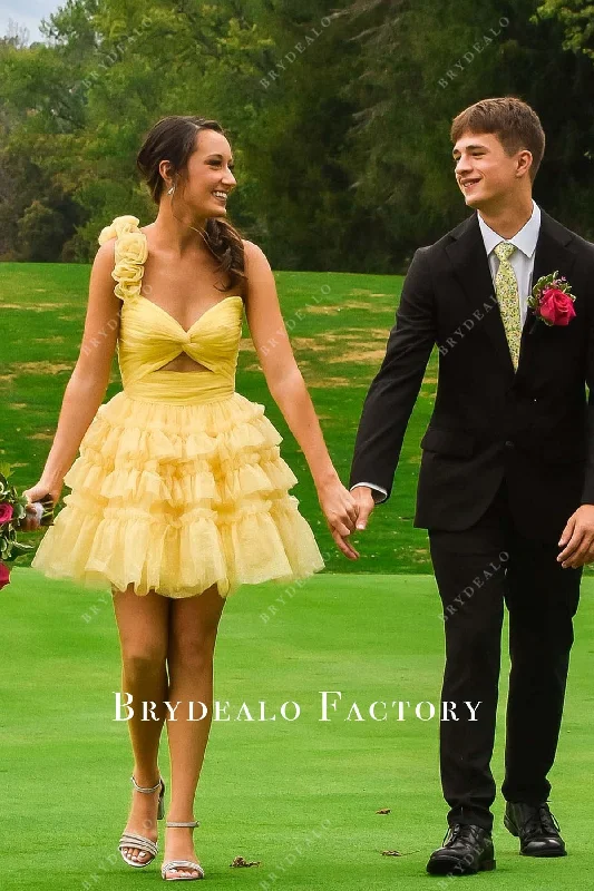 Yellow One Shoulder Layered A-Line Homecoming Dress Tunics Prom sequined