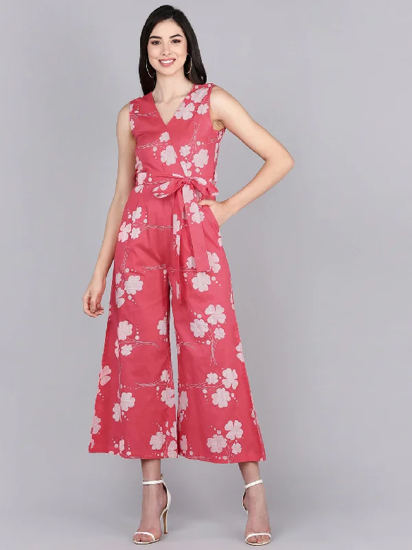 Women's Pink Cotton Printed Jumpsuit - Ahika Jumpsuit with belt, Waist tie, Elegant, Slim fit