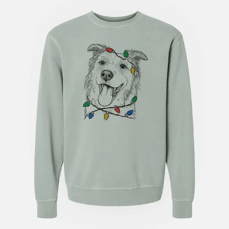 Christmas Lights Macaroni the Border Collie - Unisex Pigment Dyed Crew Sweatshirt Hoodie with Front Slit Layering Stylish