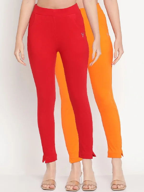 TAG 7 Set Of 2 Red & Orange Solid Leggings Elegant Stretchy Faux Leather Leggings