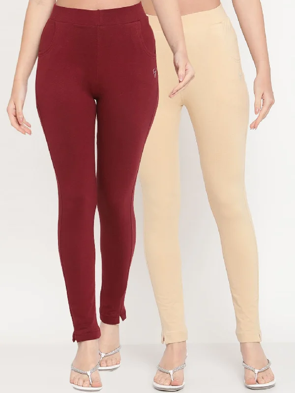 TAG 7 Women Beige & Maroon Pack of 2 Straight Fit Ankle-Length Leggings Chic Printed Yoga Pants