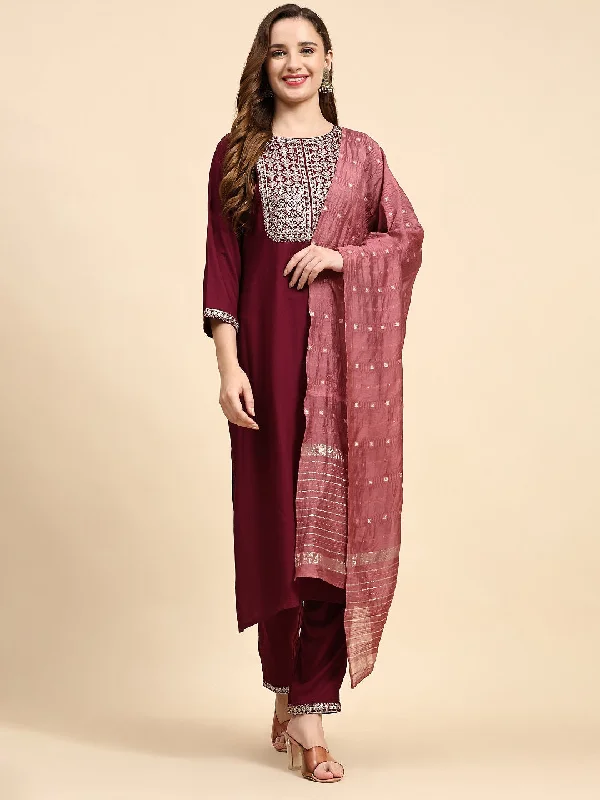 Women'S Party Wear Embroidery Worked Kurta With Pant And Duppata Set - Dwija Fashion Slim-Fit Leggings