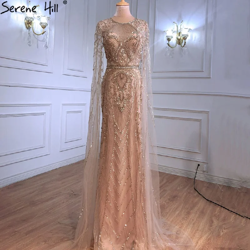 On Sale  no return no refund Serene Hill Gold Elegant Mermaid Evening Dresses Gowns 2024 Luxury With Cape Sleeves Beading For Women Party LA70970 Tunics Luxurious high-end