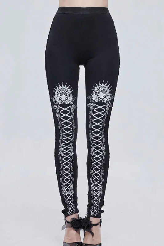 Black/White Gothic Printed Decoration Tie-Rope Elasticity Women's Leggings Comfortable Fleece-Lined Leggings