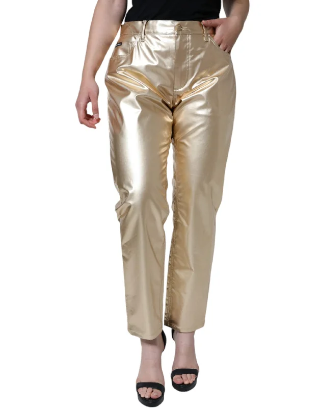 Dolce & Gabbana Metallic Gold Polyester Tapered Women's Pants (Pre-Owned) Stylish Paperbag Waist Pants