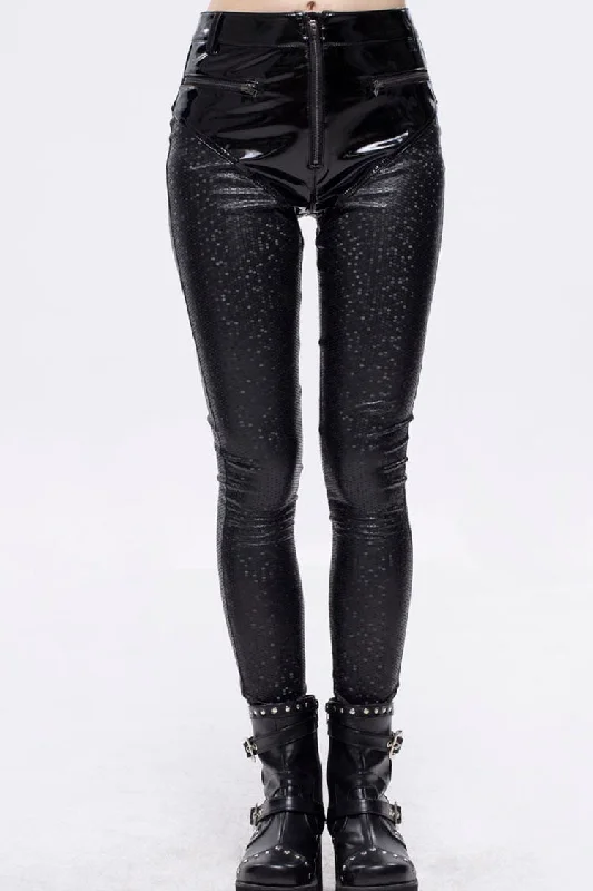 Black Gothic Hexagon Pattern Irregular Star Reflection Shiny Elasticity Leather Women's Leggings Trendy Patterned Leggings