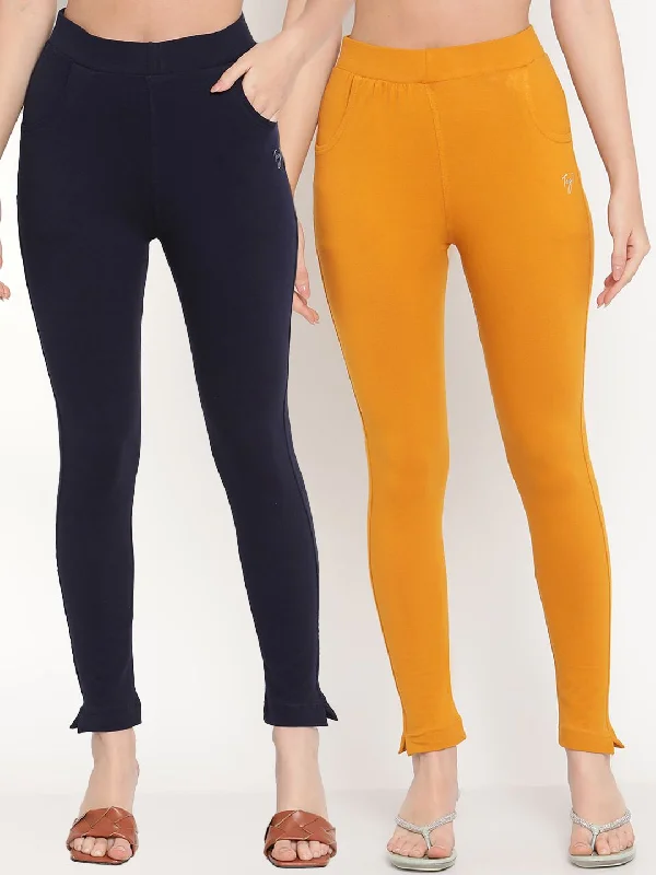 TAG 7 Women Navy Blue & Mustard Yellow Pack of 2 Straight Fit Ankle-Length Leggings Trendy Polka Dot Leggings