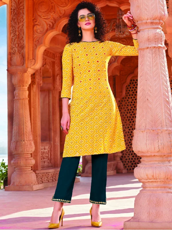 Yellow Rayon Cotton Kurta with Pants Stylish Casual Pants