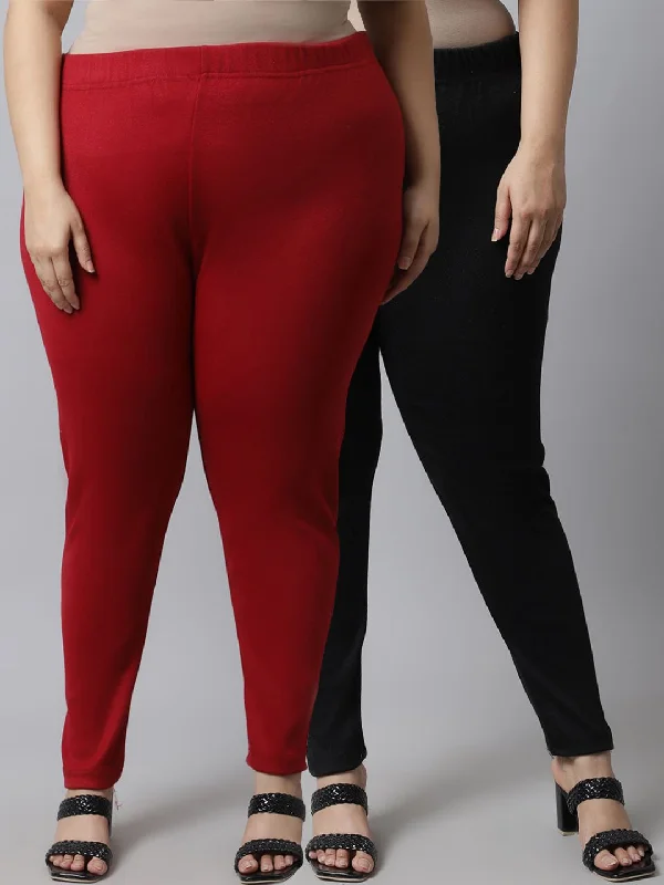 TAG 7 Women Pack Of 2 Plus Size Maroon & Black Solid Ankle-Length Leggings Trendy Full-Length Leggings