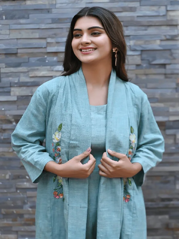 Khadi Embroidered Jumpsuit With Shrug - Turquoise Casual jumpsuit, Comfortable, Street style, Trendy