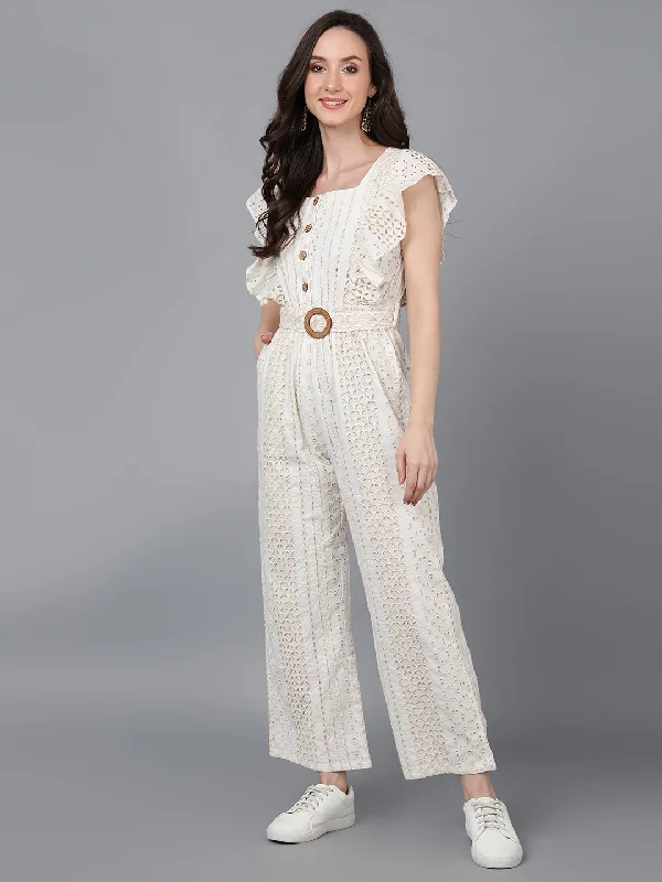 Women's White Cotton Solid Jumpsuit - Ahika Denim short jumpsuit, Casual chic, Trendy, Comfortable