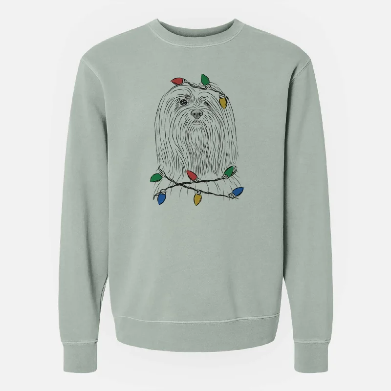 Christmas Lights Lorenzo the Lhasa Apso - Unisex Pigment Dyed Crew Sweatshirt Hoodie with Longline Fit Extended Stylish