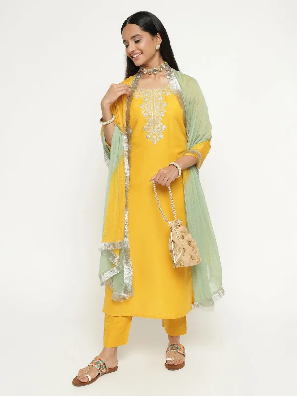 Women'S Party Wear Embroidery Worked Kurta With Pant And Duppata Set - Dwija Fashion Fashionable Work Pants