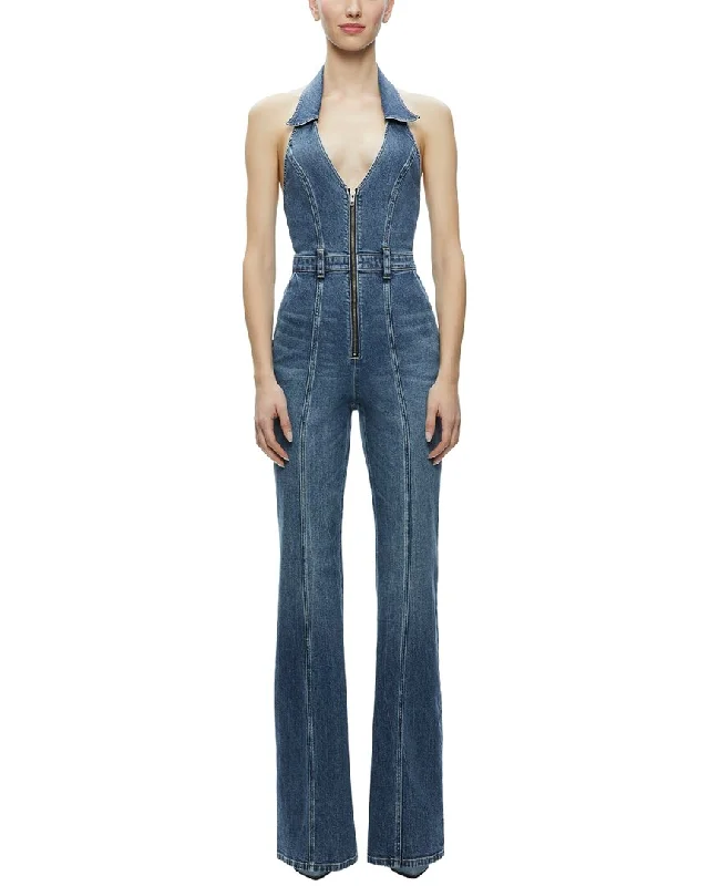 Alice + Olivia Noemi Halter Neck Denim Jumpsuit Bohemian style jumpsuit, Loose fit, Casual, Trendy