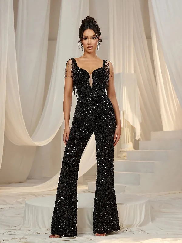 Elegant Sweetheart Neck Fringed Detail Sequin Party Jumpsuit High-neck jumpsuit, Modest, Elegant, Trendy