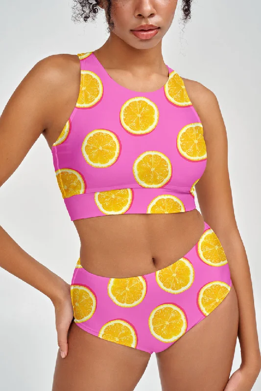 Tutti Frutti Carly Pink Lemon Print High Neck Crop Bikini Top - Women One-shoulder bikini, Elegant, Chic, Summer style