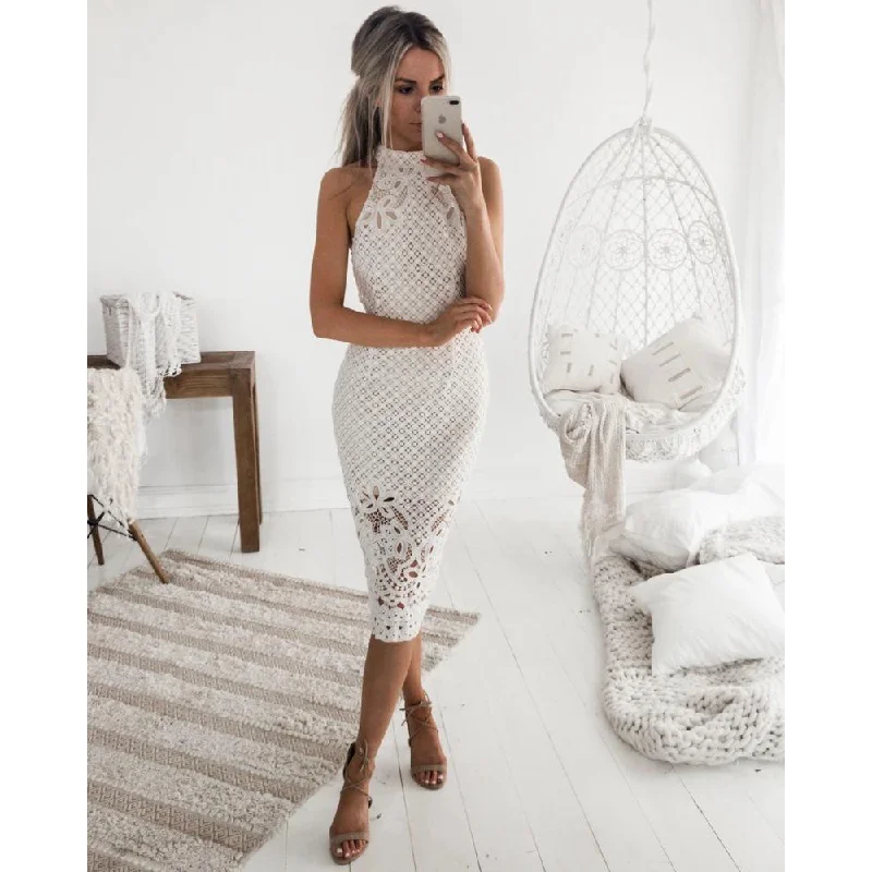 Sleeveless High Neck Bodycon Lace Dresses Tunics Evening elegant