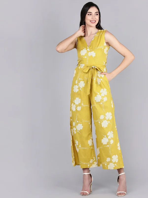 Women's Yellow Cotton Printed Jumpsuit - Ahika V-neck jumpsuit, Sexy, Trendy, Comfortable