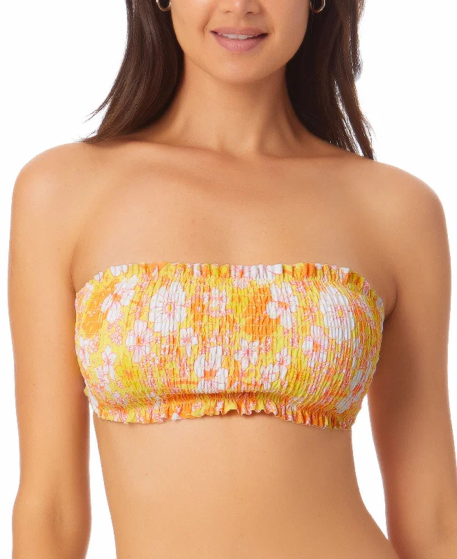 Juniors' Printed Smocked Bandeau Bikini Top High-neck bikini, Chic, Sexy, Swimwear