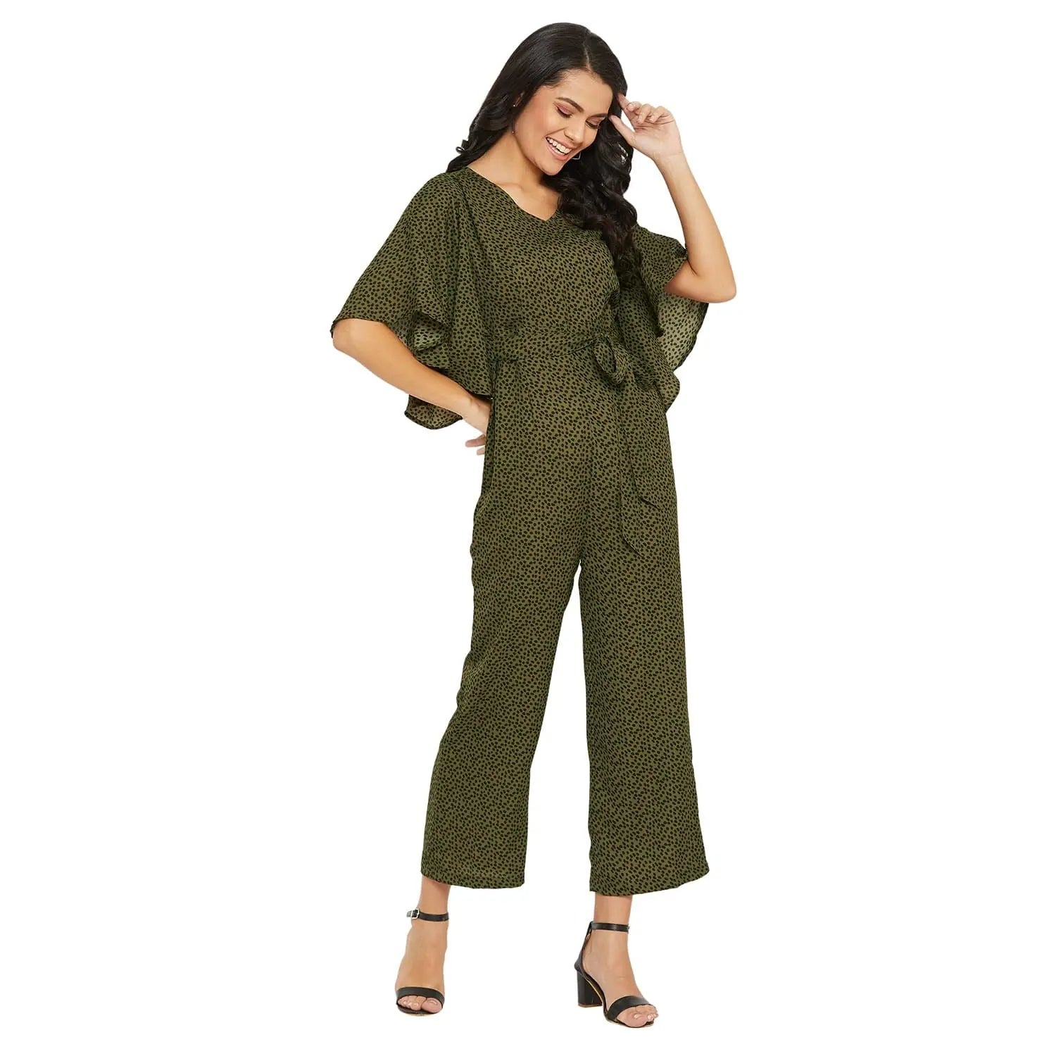 Women Solid Standard Olive Jumpsuits & Sets Short sleeve jumpsuit, Casual wear, Comfortable, Stylish