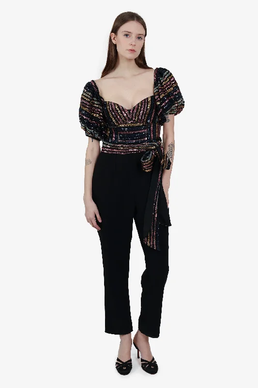 Self-Portrait Black/Multicolor Sequin Puff Sleeve Jumpsuit with Belt Size 6 Classic denim jumpsuit, Street style, Comfortable, Trendy