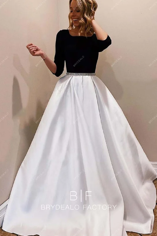 Black White Satin Simple 3/4 Sleeves Prom Ball Gown Graduation Dress Tunics Stylish elegant