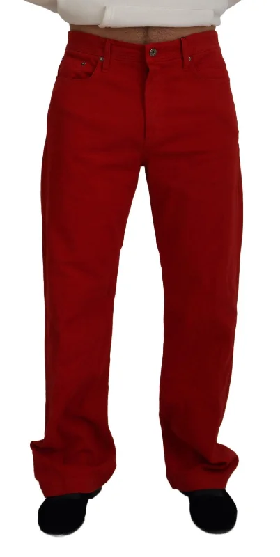 Chic Red Cotton Denim Pants High-Waist Trousers