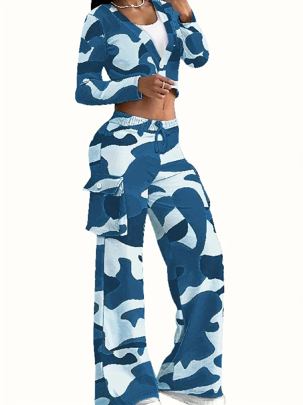 Fashionable Camouflage Print Womens Two-piece Set - Comfy Long Sleeve T-Shirt with Single Button & Drawstring Flap Pocket Pants - Casual Chic Outfit for Trendsetters-- Wool Fabric Cashmere Fabric Tweed Fabric