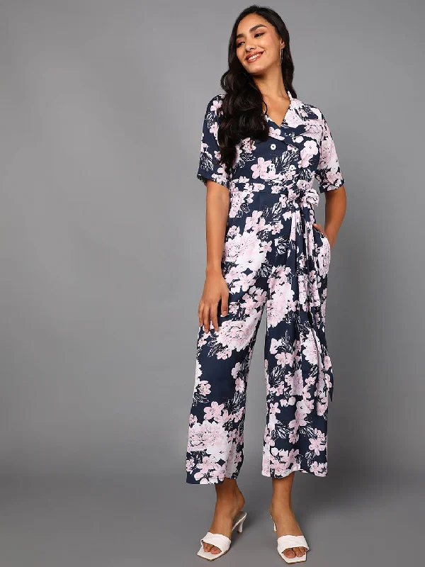 Women's Navy Blue Polyester Printed Jumpsuit - Ahika Wide leg jumpsuit, Summer style, Comfortable, Trendy