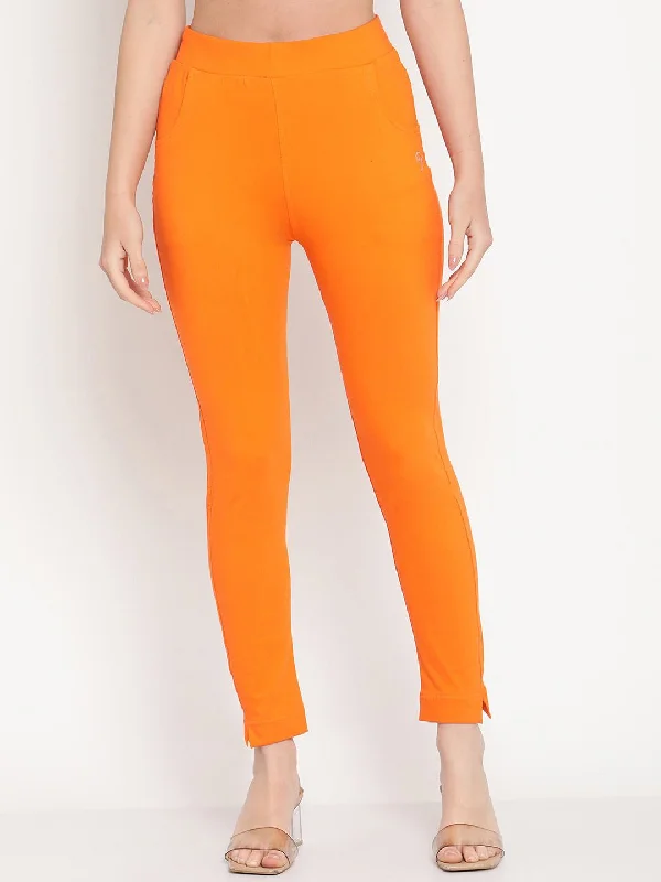 TAG 7 Women Orange Solid Leggings Trendy Sweat-Wicking Workout Leggings