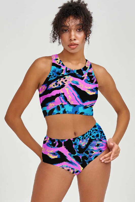 Trendsetter Carly Blue & Pink Animal Print Crop Bikini Top - Women Plunge bikini, Deep-V, Sexy, Trendy