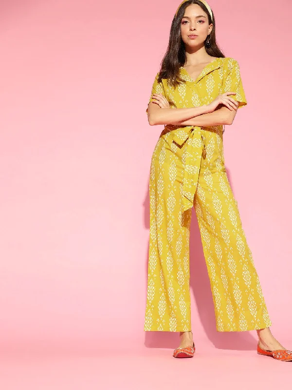 Women's Mustard Cotton Printed Jumpsuit - Ahika Lightweight jumpsuit, Comfortable, Relaxed, Fashionable