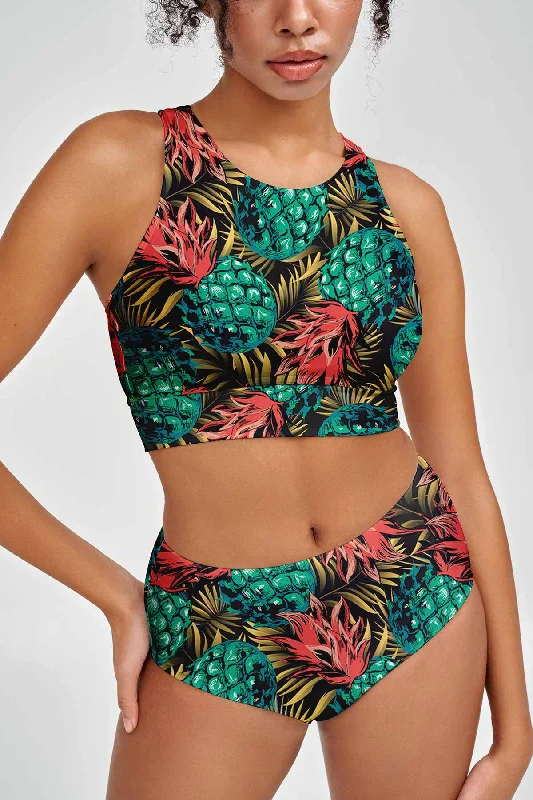 Tropicana Carly Pineapple Print High Neck Crop Bikini Top - Women Sunflower bikini, Fun, Summer style, Trendy