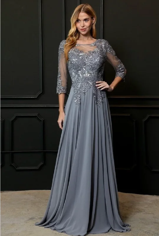 Floor Length Chiffon 3/4 sleeves Slate Gray mother of the Bride Dress Evening gown. Tunics Winter warm