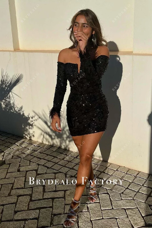 Homecoming Dress | Black Sequined Off Shoulder Mini Formal Gown Tunics Canvas sturdy