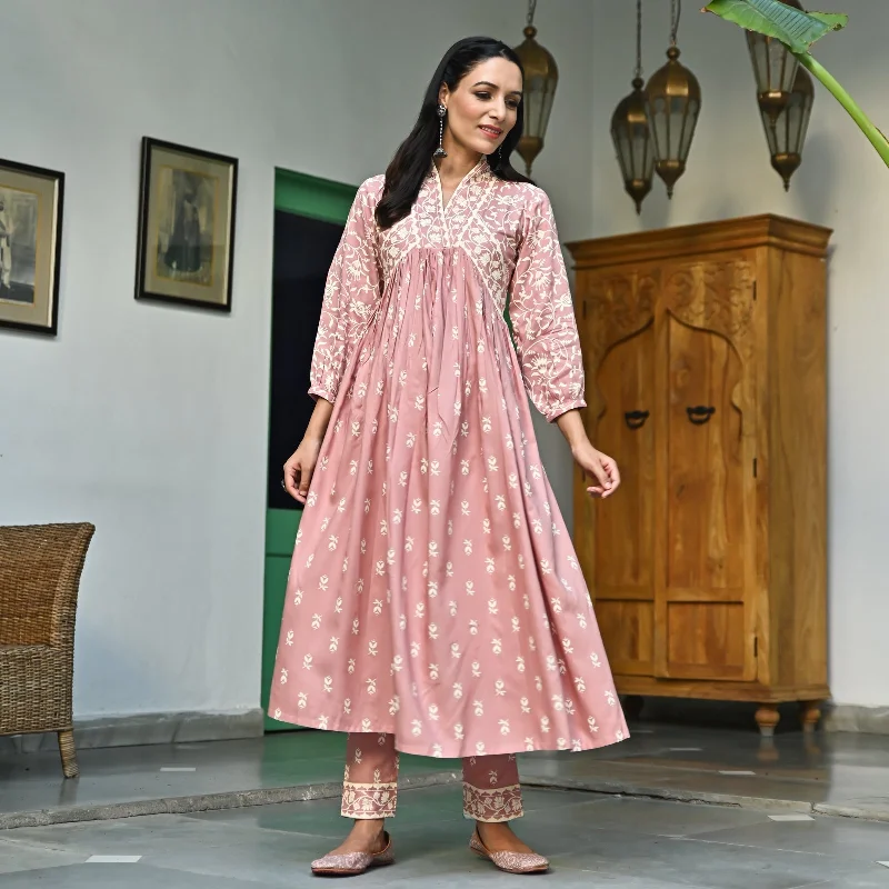 Blush Pink Rayon Floral Jaal V-Neck Kurta Pant Set Trendy Palazzo Pants