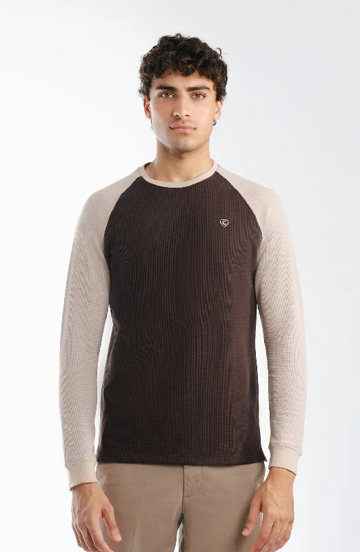 Crew Neck Raglan Brown T-Shirt-- Collared Crew Neck Turtle Neck