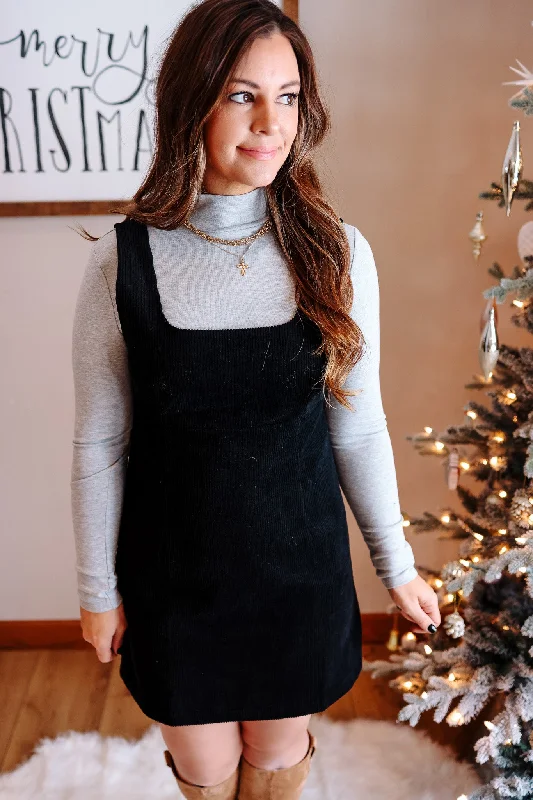 Frankie Corduroy Pinafore Dress - Black sweetheart Neckline Romantic