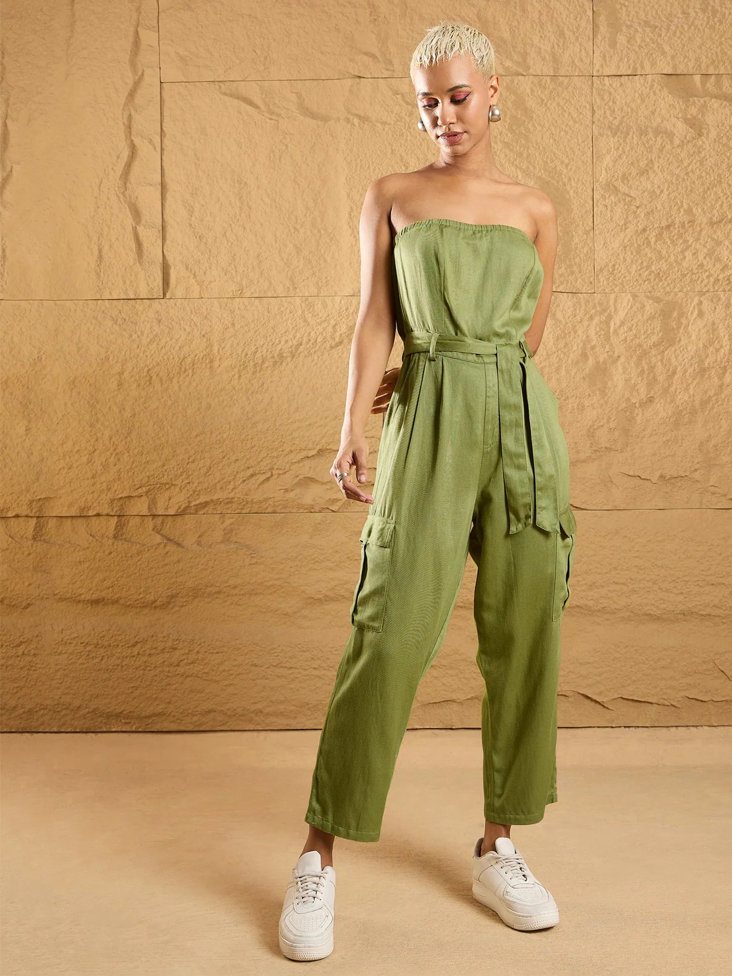 Women Olive Twill Off-Shoulder Jumpsuit-SFJMPS8321 Jumpsuit with belt, Slim fit, Trendy, Comfortable