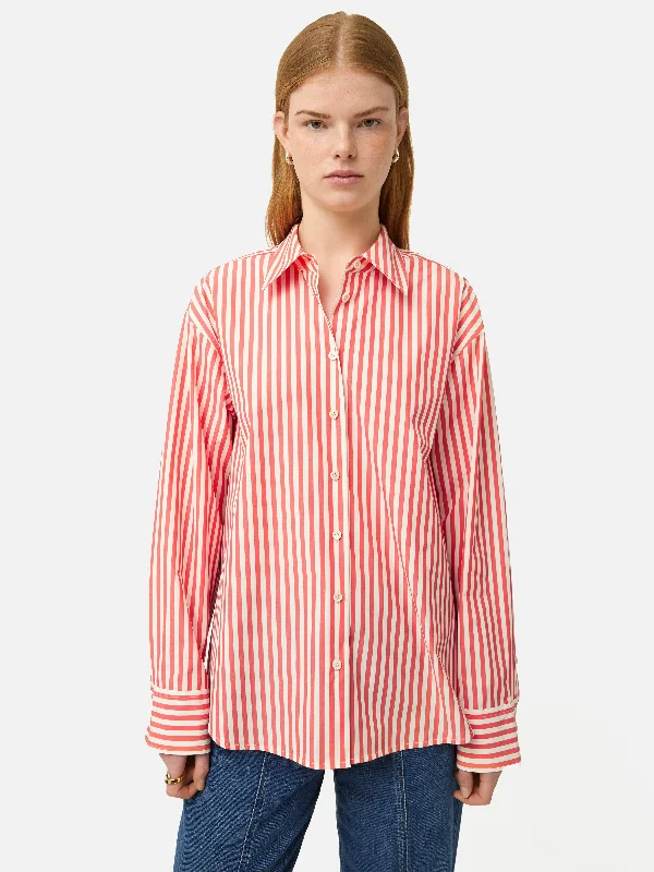 Cotton Poplin Stripe Shirt | Coral-- Cashmere Blend Cotton Blend Poly Blend