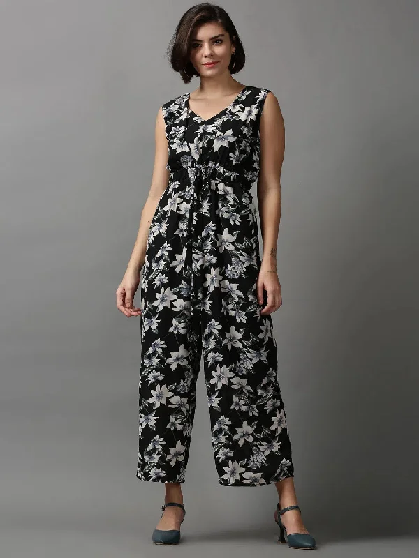 Women's Black Printed Jumpsuit-AE-15023-Black Silk wide leg jumpsuit, Elegant, Chic, Comfortable